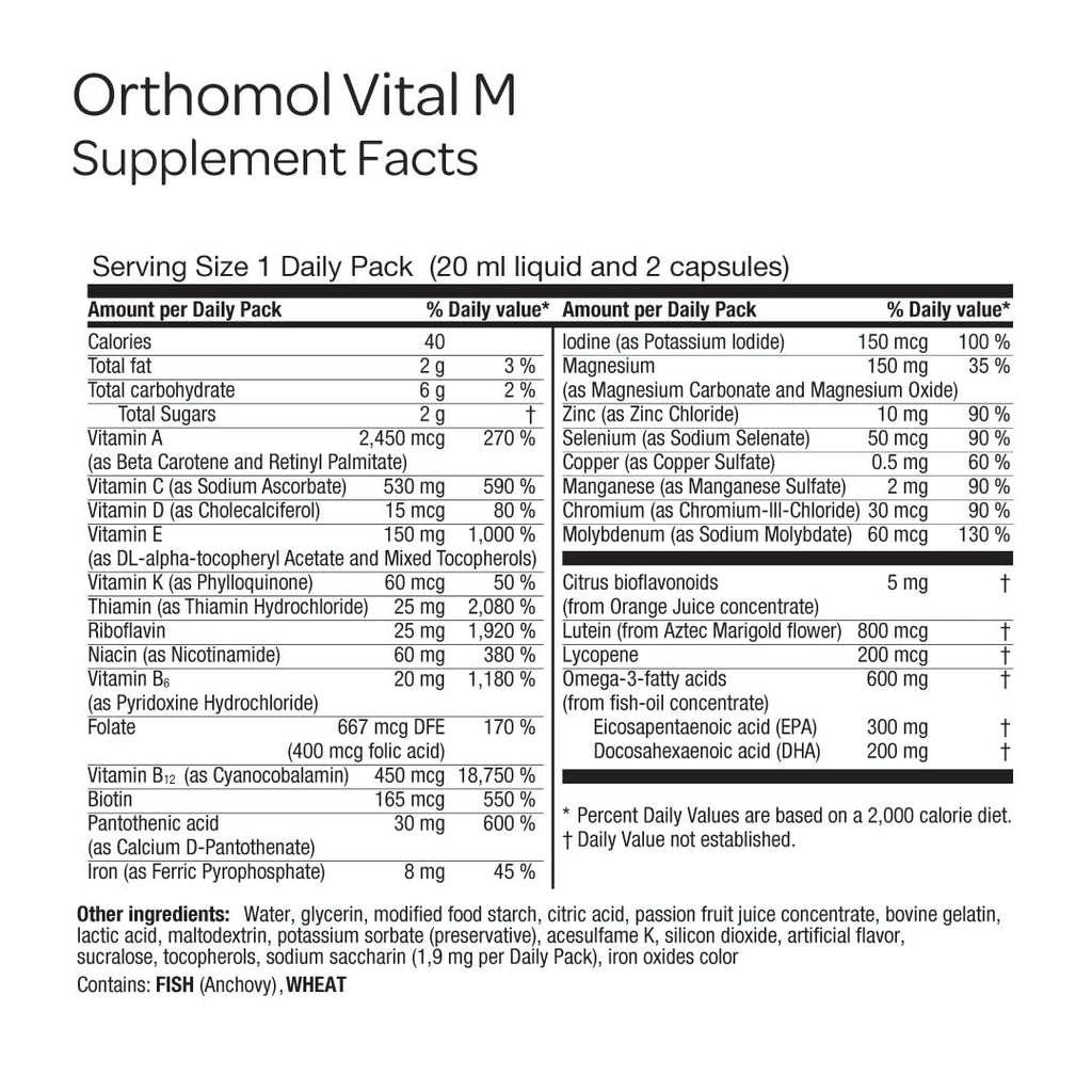 Orthomol Vital M – Daily Multivitamin for Men, Vitamins A, B, C, D3, E, K, Zinc, Iodine & Omega-3, Supports Energy, Vitality, Immune Health & Metabolism, 30-Day Supply, Liquid+ Capsules Supplement