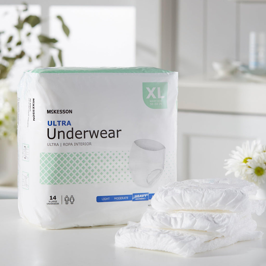 McKesson Ultra Adult Incontinence Underwear, [56 Count], Heavy Absorbency, XL, 58-68 in. Unisex Bladder Leak Protection, Pull-On Style with Tear-Away Sides, Postpartum and Incontinence Support