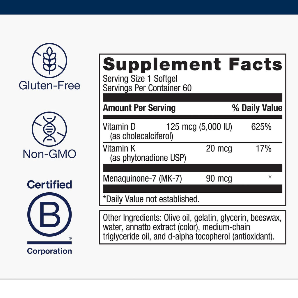 Metagenics Vitamin D3 + K - for Artery Health, Immune Support, Bone & Heart Health* - Vitamin D with MK-7 (Vitamin K2) - Non-GMO - Gluten-Free - 60 Softgels - 5,000 IU