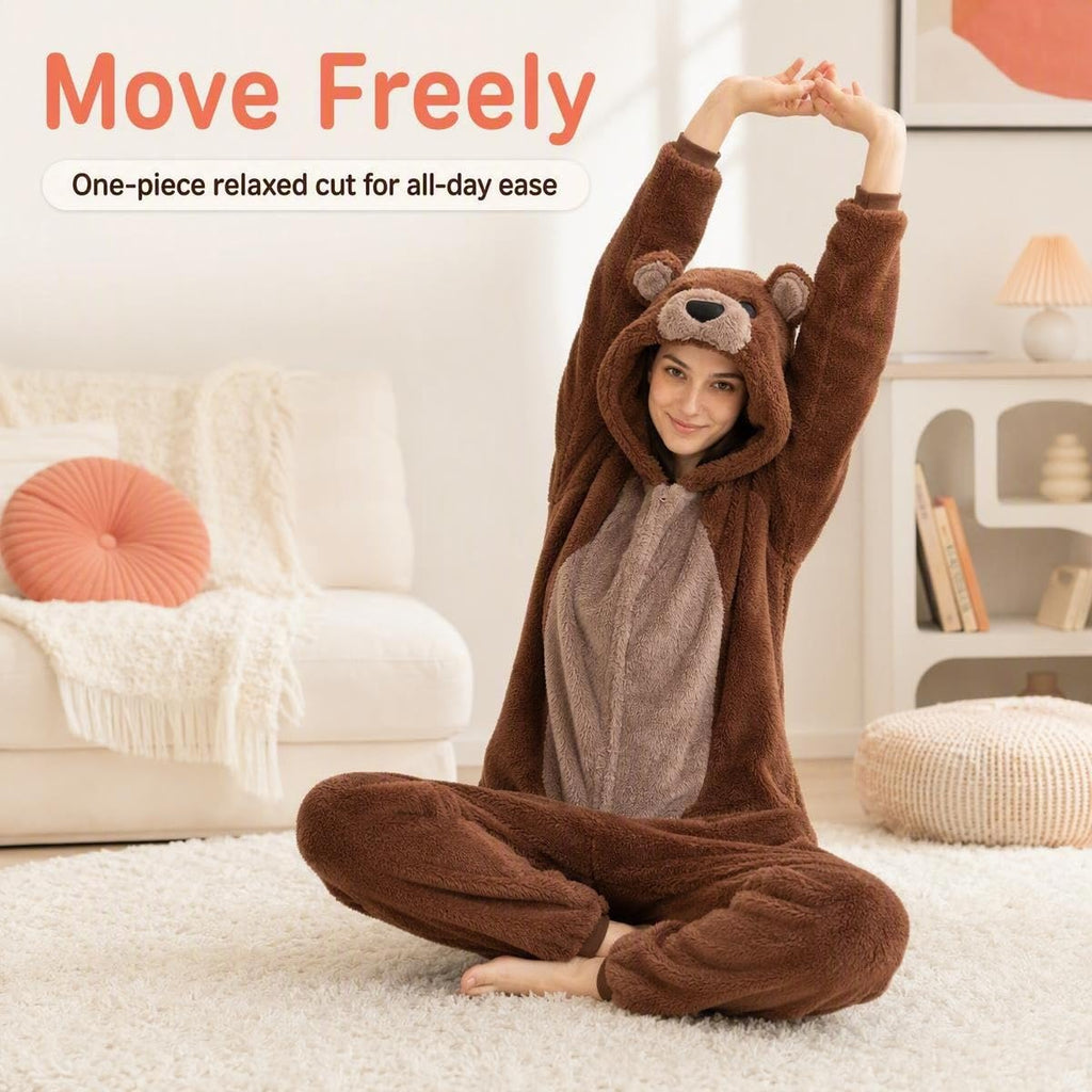 COSUSKET Snug Fit Unisex Adult Onesie Pajamas, Sherpa Bear Animal One Piece Halloween Costume Sleepwear Homewear