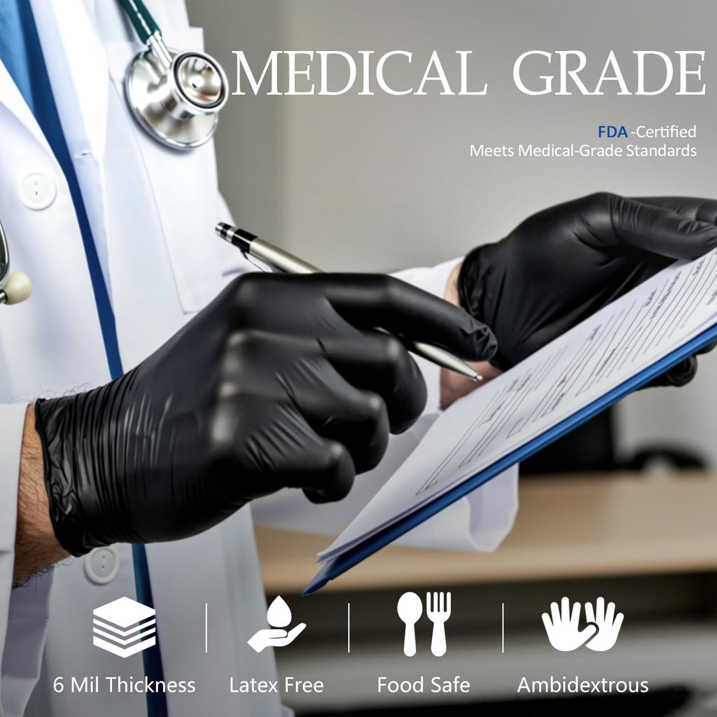 PROMEDIX P Black Disposable Nitrile Gloves, 6Mil 1000 Pcs Food Safe Cooking Gloves Latex Free Rubber Gloves for Cleaning Exam Medium