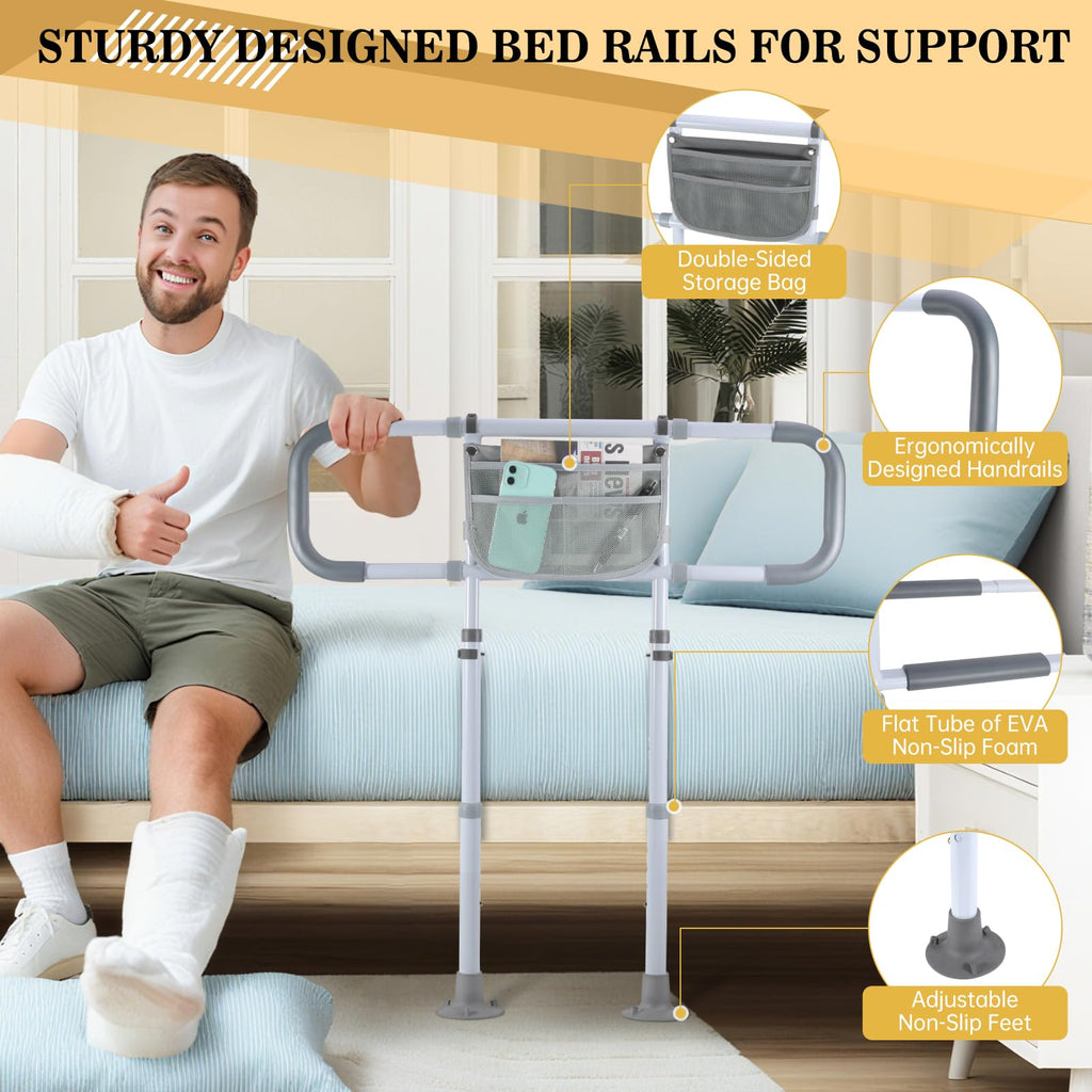 Yetulike Bed Rails for Elderly Adults Safety, Sturdy Beds Assist Rail for Seniors; Adjustable Beds Rail Stable Bed Cane Guard with Extended Handle Bar - Fit King Queen Full Twin Bed