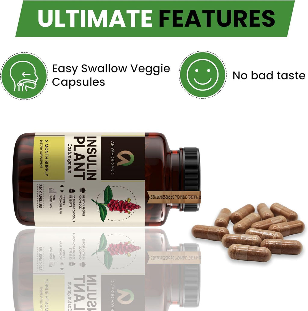Afiyah Organic - Premium Quality Costus Igneus (Insulin Plant) Capsules - Easy to Swallow 240 Veggie Capsules (2 Month Supply) - Made in the USA - Including Complete Health Support Program