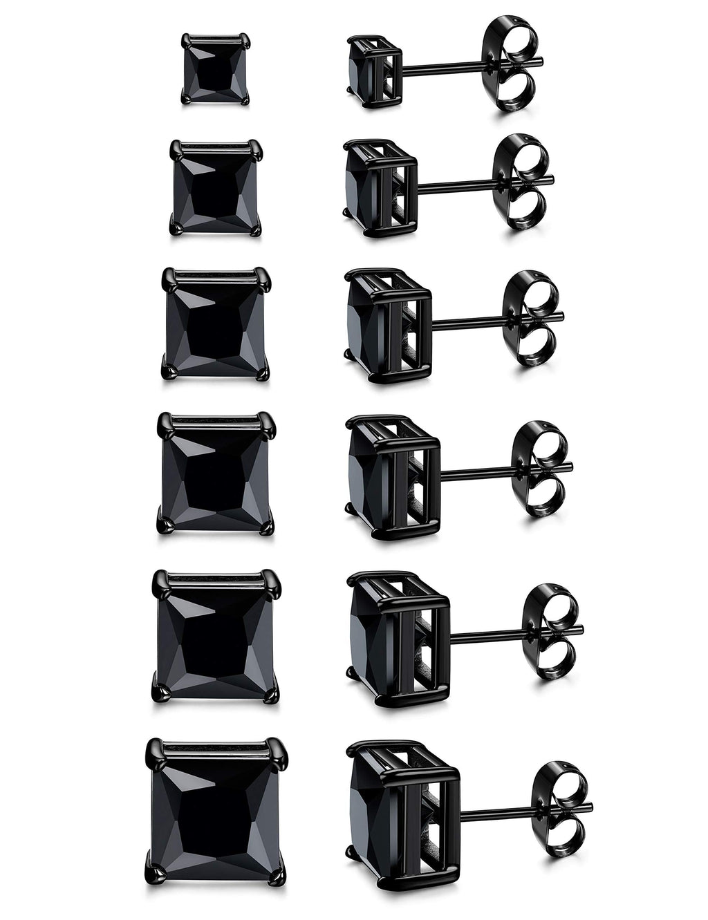 ORAZIO Black Square CZ Stud Earrings for Men Women Stainless Steel Princess Cut Cubic Zirconia Earring Studs 3MM-8MM