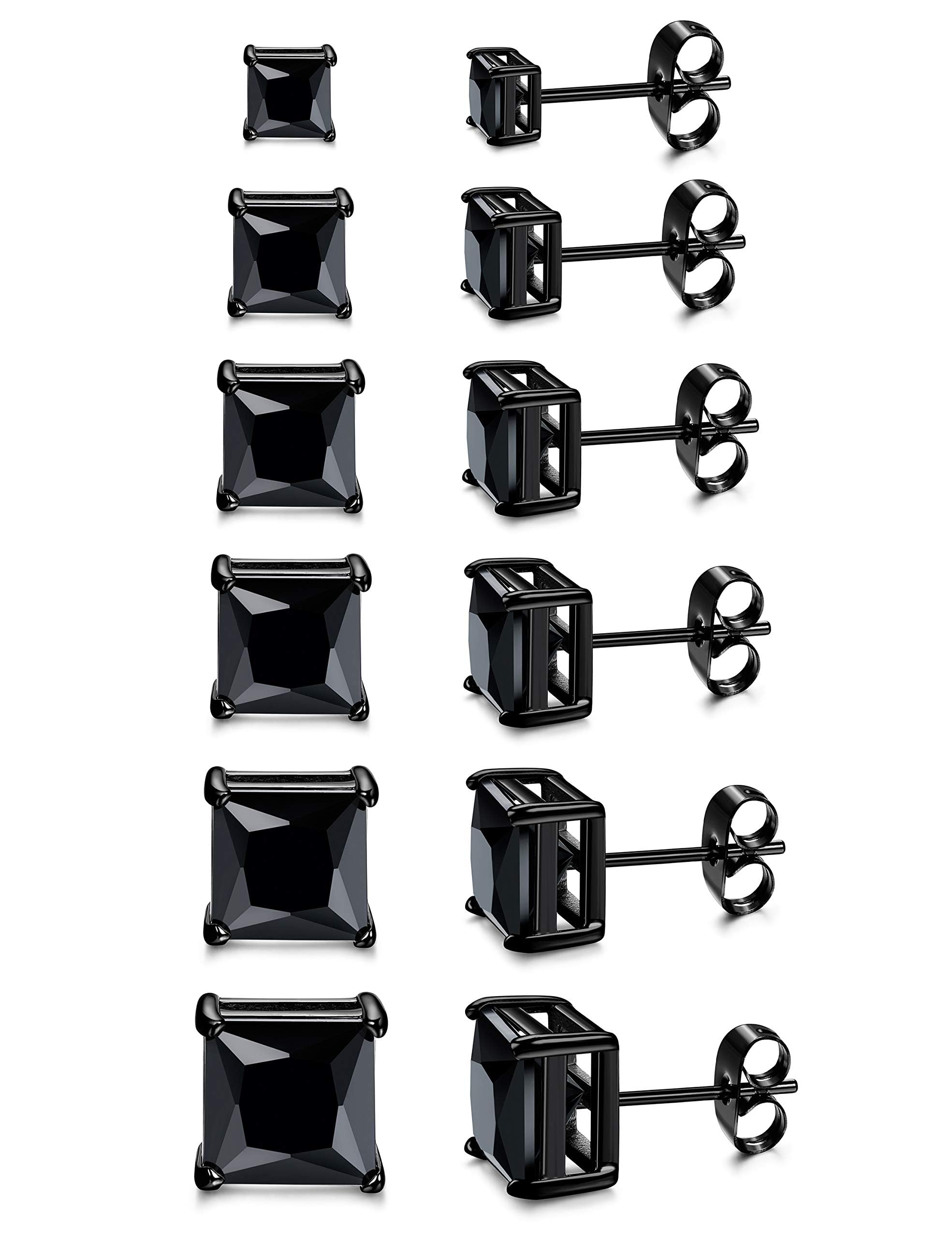 ORAZIO Black Square CZ Stud Earrings for Men Women Stainless Steel Princess Cut Cubic Zirconia Earring Studs 3MM-8MM