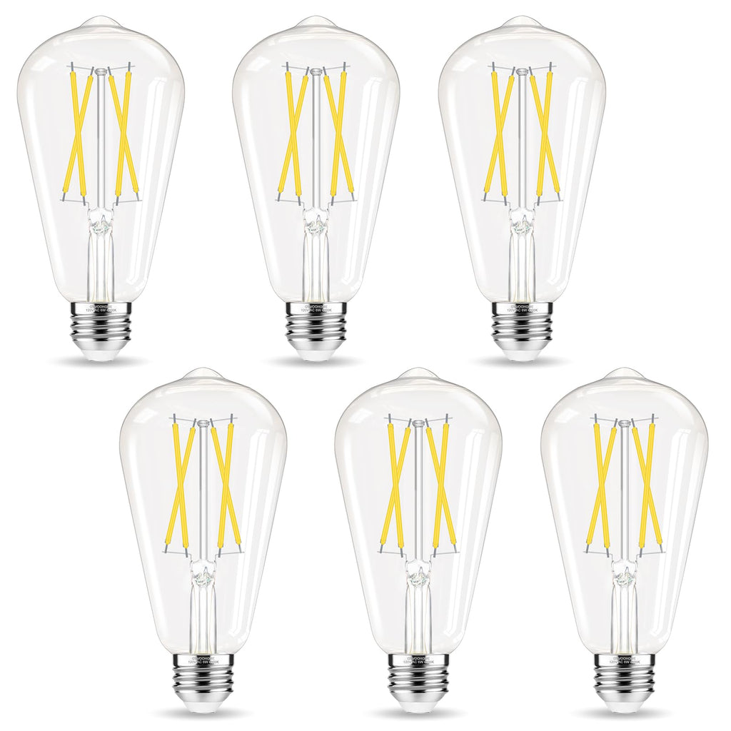 GvvooHome Edison Bulbs, E26 LED Bulb 60 watt Equivalent, Non-Dimmable, 4000K Daylight White, ST58 Vintage Light Bulbs, 90+ CRI, 6W 600LM, E26 Medium Base, Clear Glass, 6 Pack