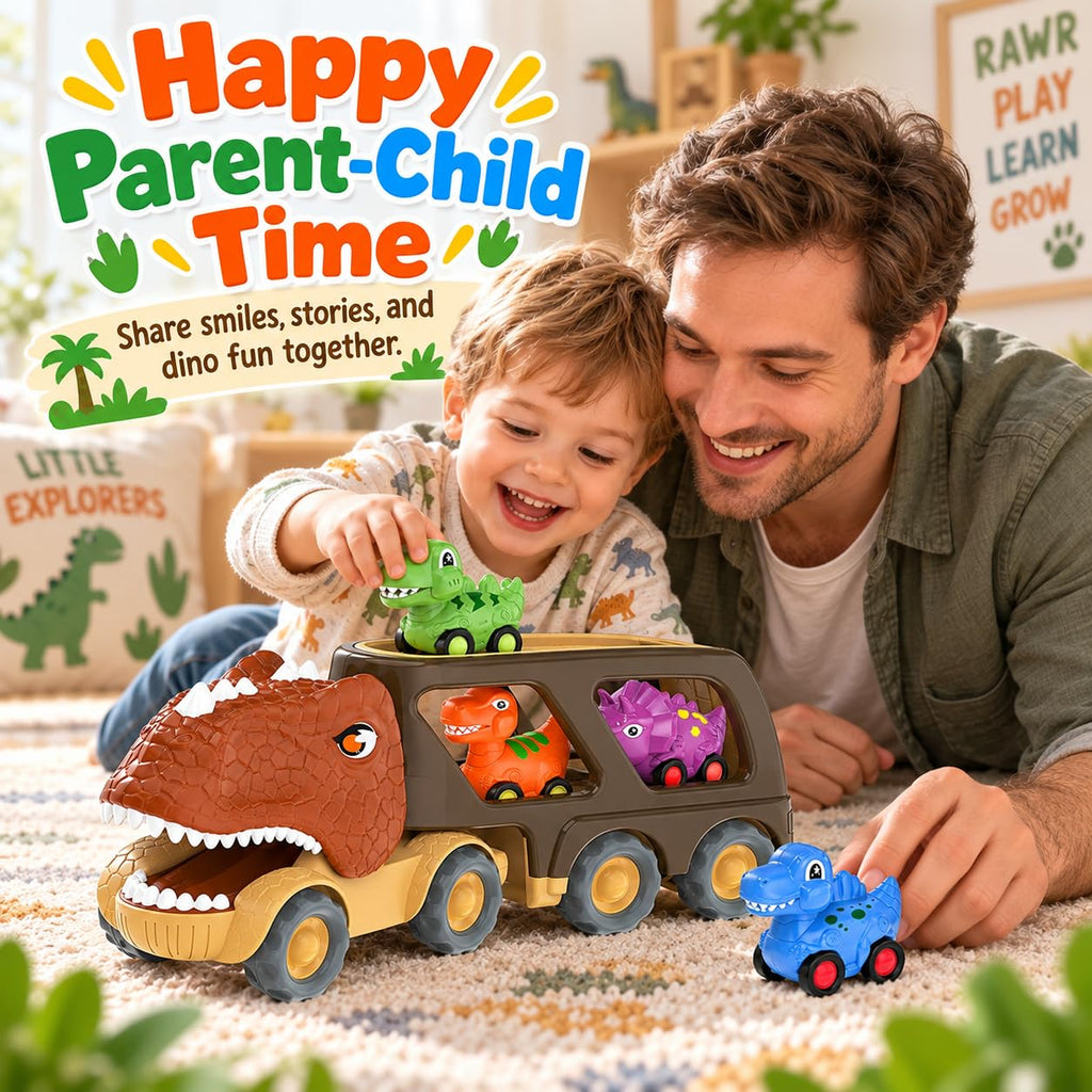 Veslier Dinosaur Car Toy for 2 3 4 5 Years Old Boys, Friction Power Carrier Truck with 4 Pack Small Pull Back Dino Car, Christmas Birthday Gift for 18+ Months Boy Girl Kids Toddlers