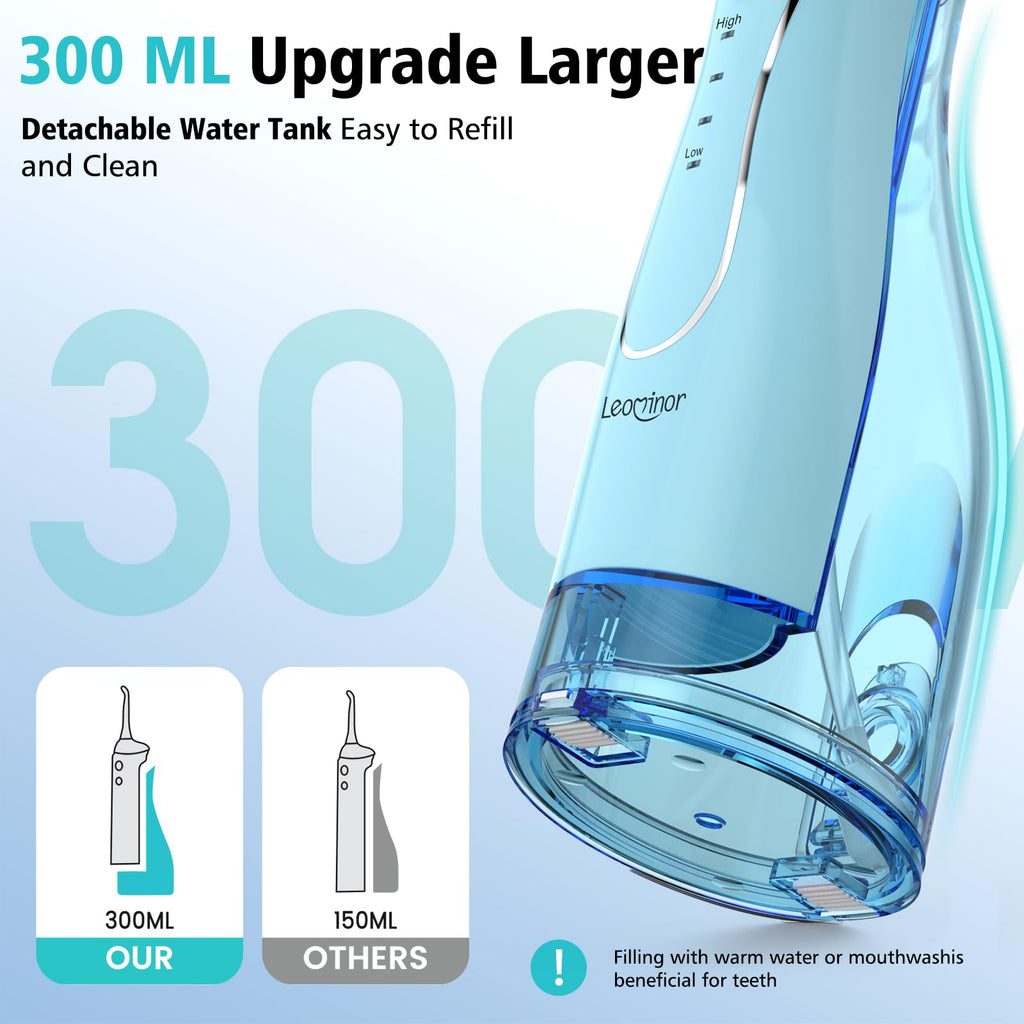 Leominor Water Dental Flosser Pick for Teeth, 300ML Portable Oral Irrigator Upgraded Tank Removable,IPX7 Waterproof, Rechargeable Travel Teeth Cleaner, Professional Electric Flossing Machine