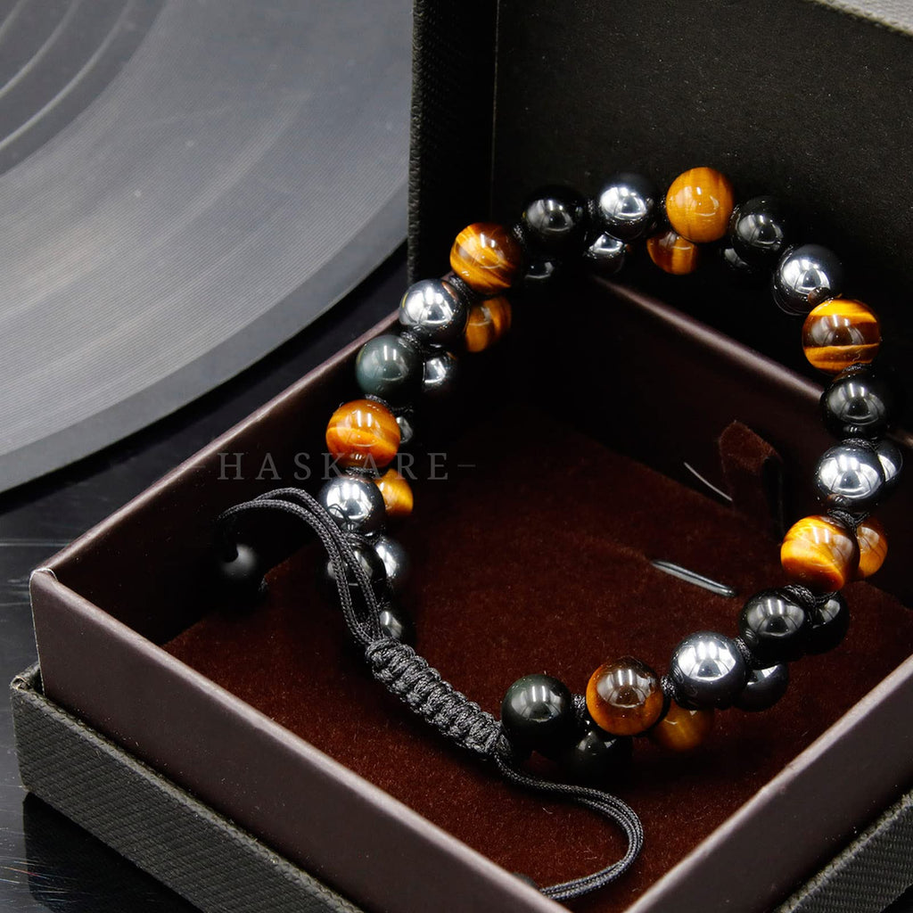 HASKARE Triple Protection Bracelet for Men - Genuine Tigers Eye Black Obsidian Hematite 8mm Natural Stone Beads Stretchy Healing Crystal Jewelry, Anxiety Relief Energy, Ideal for Dad Husband Christmas Birthday