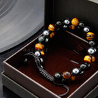 HASKARE Triple Protection Bracelet for Men - Genuine Tigers Eye Black Obsidian Hematite 8mm Natural Stone Beads Stretchy Healing Crystal Jewelry, Anxiety Relief Energy, Ideal for Dad Husband Christmas Birthday