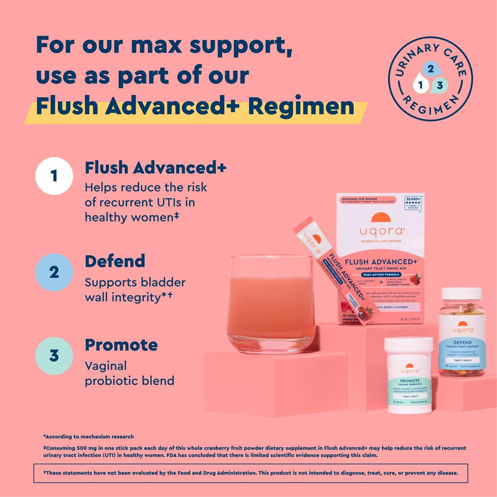 Uqora Flush Advanced+ - Helps Reduce Risk of Recurrent UTI** - with Cranberry, D-Mannose, Vitamin C, Vitamin B6 & Potassium - Gluten-Free & Vegan - Triple Berry Flavor - 20 Packets (2 Pack)