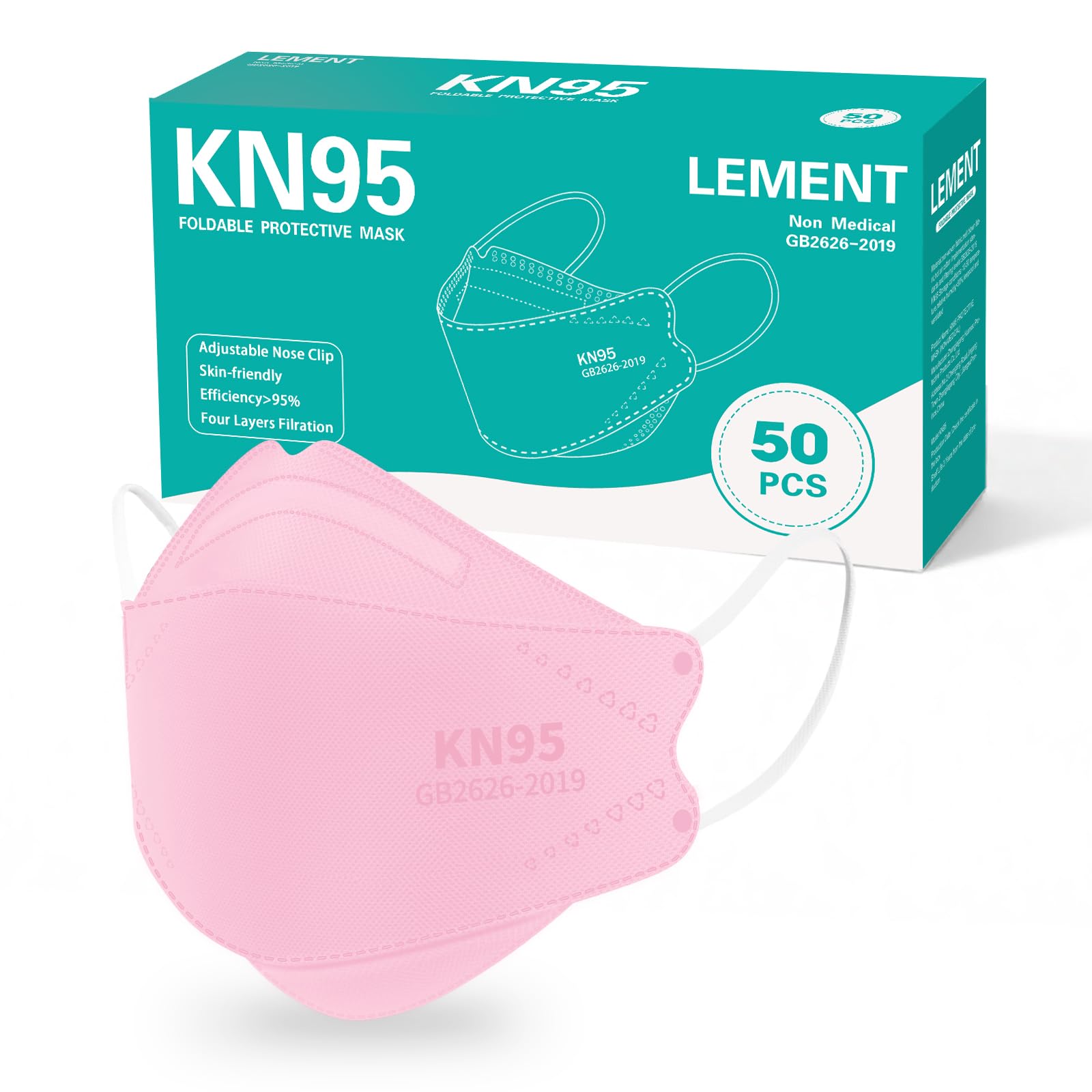 LEMENT KN95 Face Masks - 50 Pack Breathable Comfortable Disposable Masks For Adult, Filter Efficiency≥95%, Elastic Ear Loops, Pink