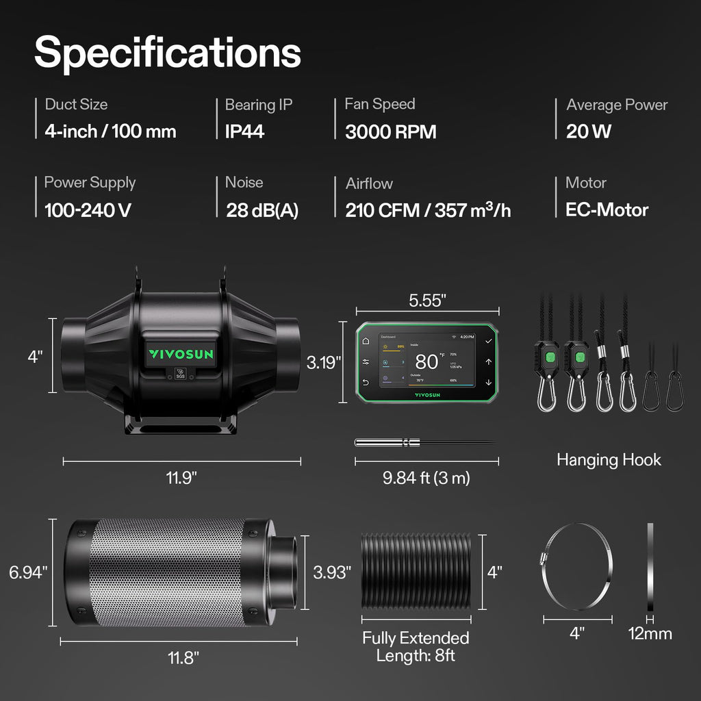 VIVOSUN T4 Smart Filtration Kit, Inline Fan, Controller, Carbon Filter,Duct