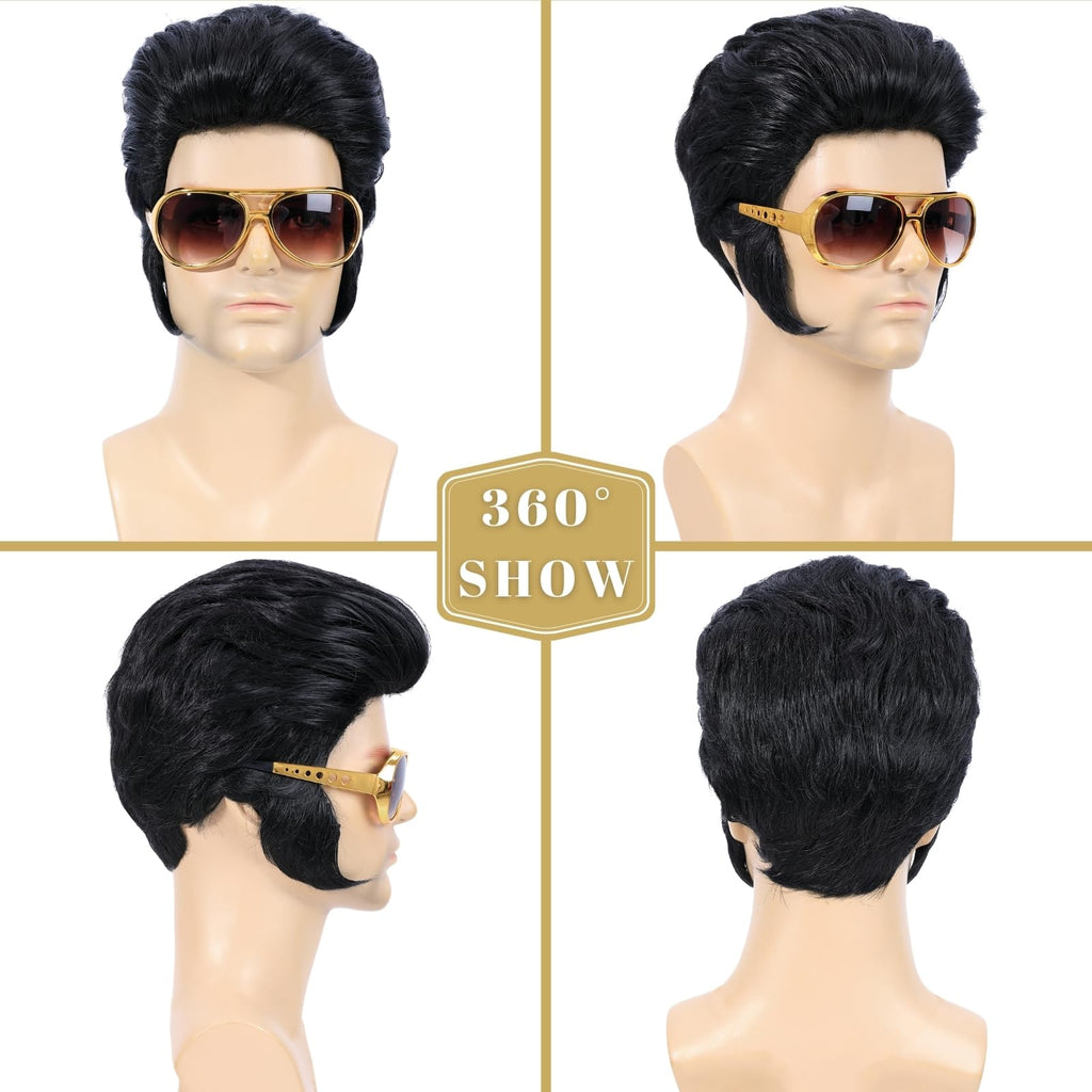 Bettecos 4pcs Set 50s Rock Wig with Sunglasses and Necklace for Men Singer Rocker Costume Wigs for Cosplay Halloween Party (Adults)