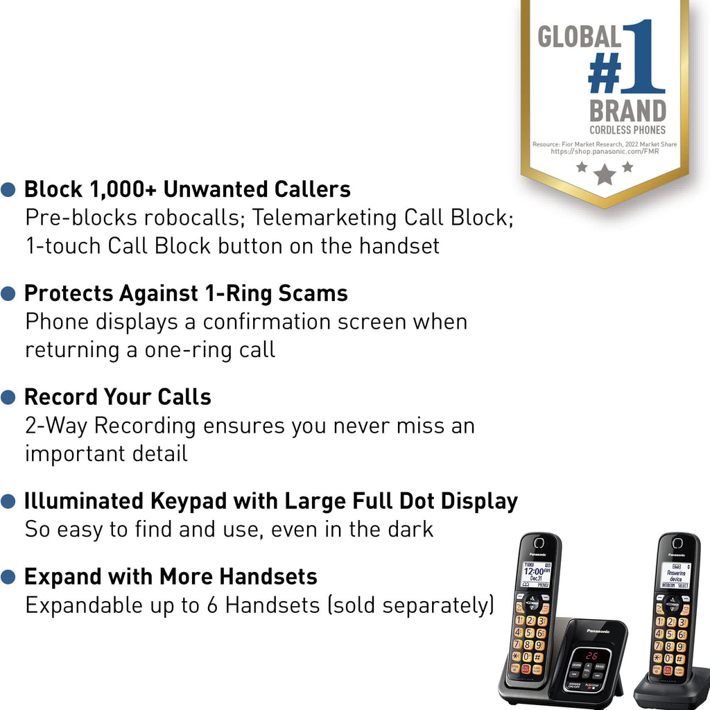 Panasonic Cordless Phone with Answering Machine, 2 Handsets Landline Phone