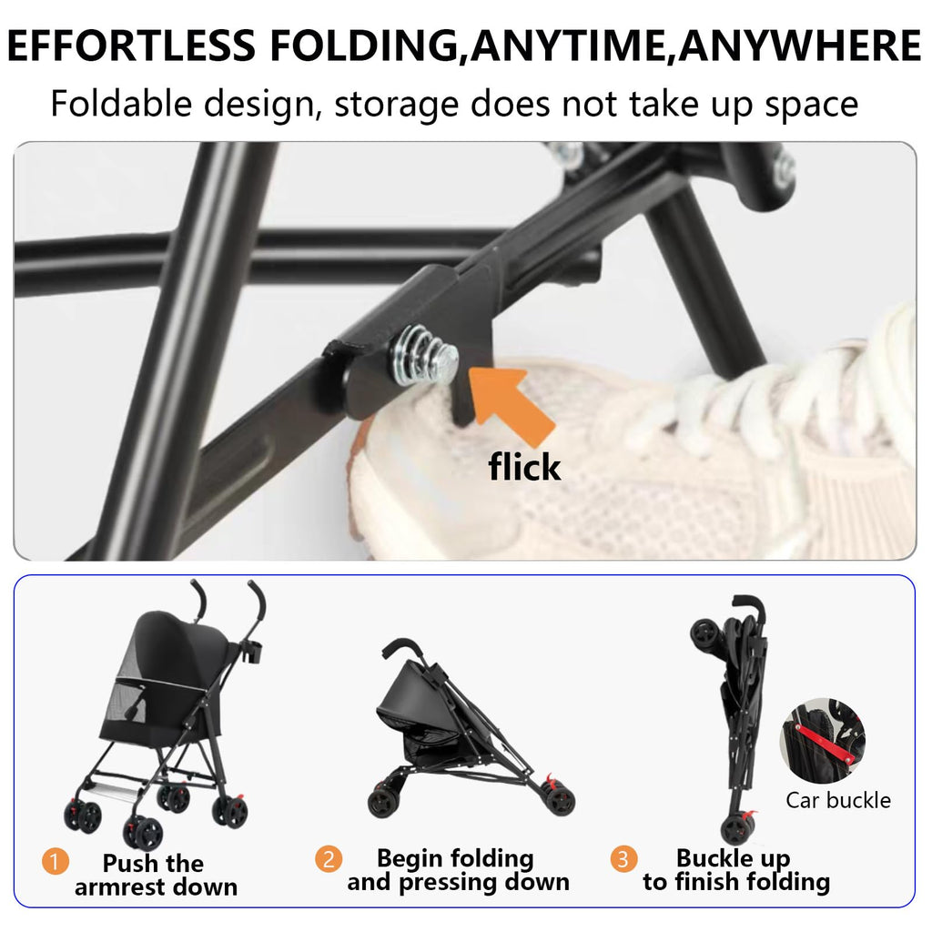 Pet Stroller with Mesh Ventilation, Lightweight Foldable Design, Cup Holder, Black