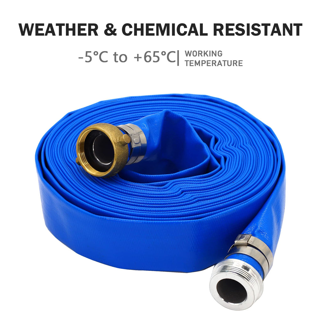 DAVCO 2" ID × 100 ft Pool Backwash Hose, Heavy Duty Reinforced Blue PVC Lay Flat Water Discharge Pump Hoses For Swimming Drain Pools and Clean Filters, With Aluminum Pin Lug Fittings