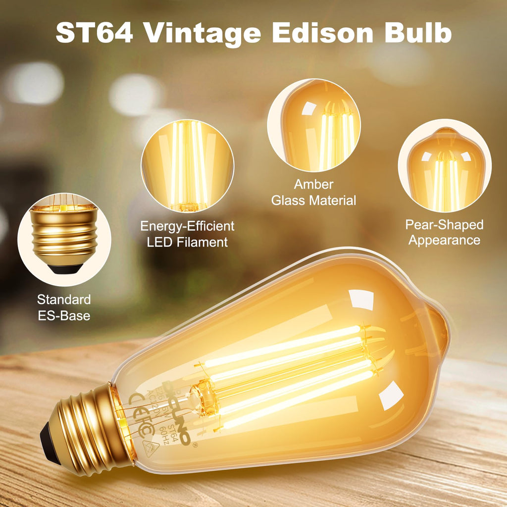 DiCUNO E26 Edison Bulbs 60W, 2200K Amber Warm, Amber Glass, 600LM, 2-Pack