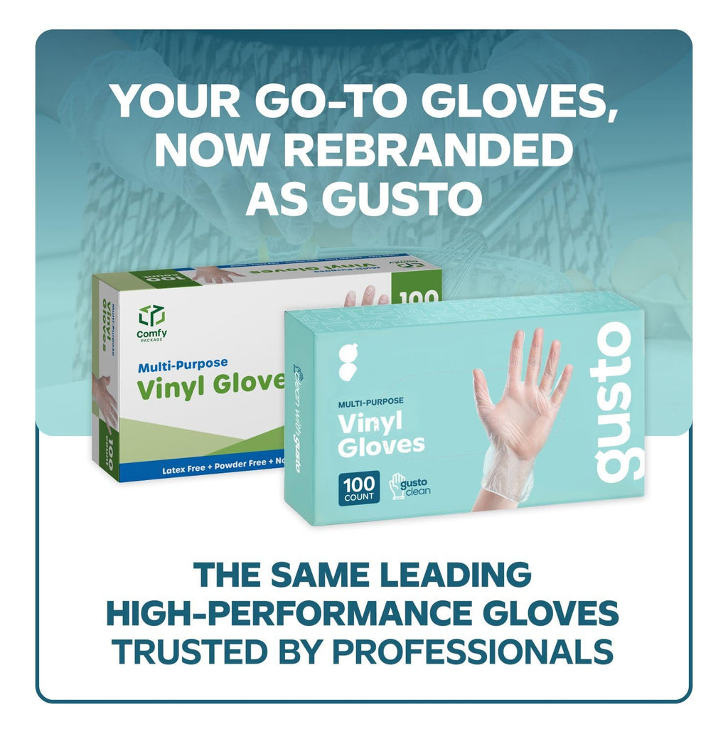 GUSTO Clear Vinyl Plastic Gloves [200 Count] Latex-Free, Powder-Free, Food Safe Disposable Gloves for Cooking, Meal Prep, Cleaning & Everyday Use (Formerly Comfy Package)