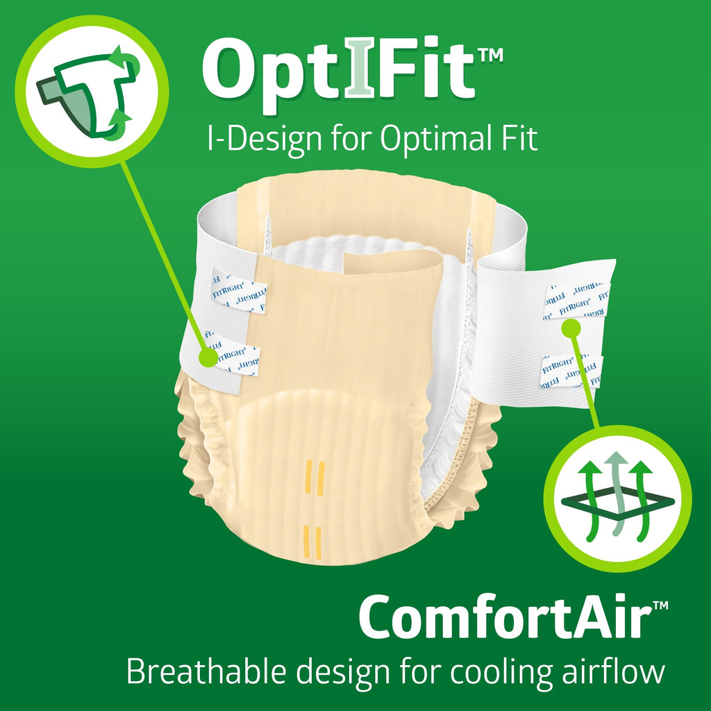 FitRight Adult Diapers, Extra+ Heavy Absorbency, XL (Waist Size 56in-64in), 80 Count, OptiFit Incontinence Briefs for Men and Women, Disposable, Moisture-Wicking, Leak Protection,
