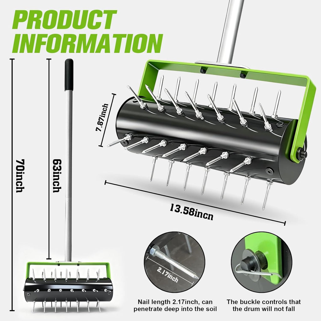 Failenfeivp Rolling Lawn Aerator Tool Heavy Duty Manual Push Aerator Lawn Tool with 42 Spikes Lawn Aerator Spike Tool for Maintaining Garden Yard Soil Health(Green,70IN)