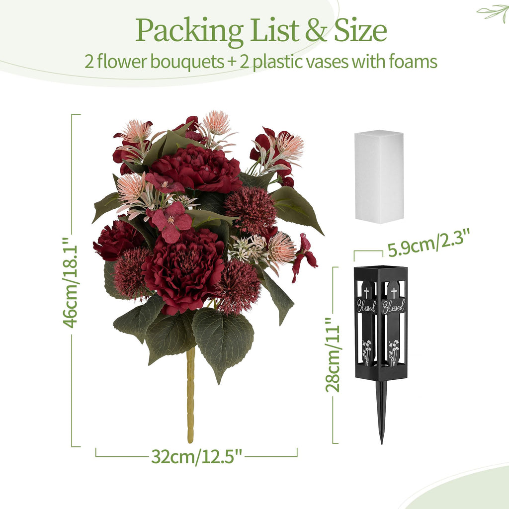 Memobloom Cemetery Flowers for Fall Grave Decorations: 2 Pcs, Red
