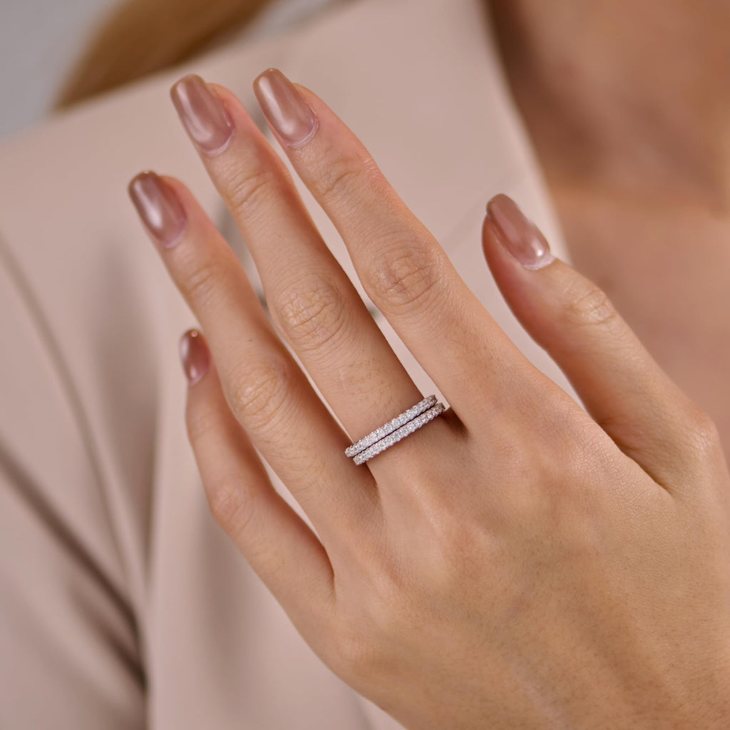 VISDIV 2mm 925 Sterling Silver Rings Gold Engagement Wedding Bands Eternity Cubic Zirconia Simulated Diamond 2pairs Stackable Ring for Women Size 5-10