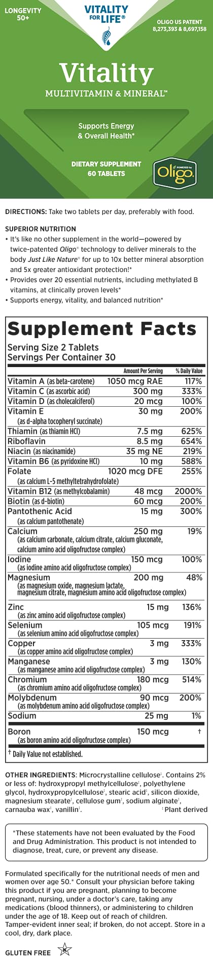 Melaleuca Multivitamin & Mineral Longevity Supplement for Men & Women 50+, Powered by Oligo (60 Tablets) — Supports Energy & Overall Health / Organically Bound for Maximum Absorption and Antioxidant Protection