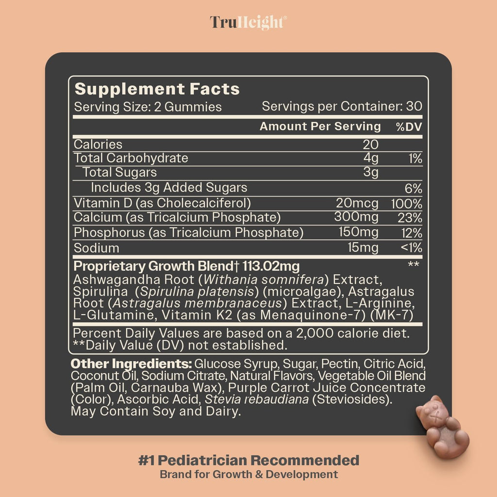 TruHeight Growth Gummies (Watermelon) Tall Nutrition for Natural Growth Supplement for Kids & Teens - Vitamin D, K, Calcium & Ashwagandha, Bone Strength Vitamins D3 K2, Picky Eater, Taller Ages 5+