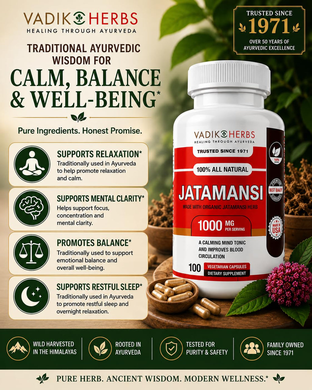 Vadik Herbs Jatamansi Capsules 1000mg | Organic Jatamansi Root (Nardostachys jatamansi) | Ayurvedic Herb for Calm, Clarity & Restful Sleep | 100 Vegetarian Capsules | Non-GMO | Trusted Since 1971