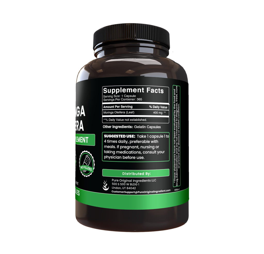 PURE ORIGINAL INGREDIENTS Moringa (365 Capsules) No Magnesium Or Rice Fillers, Always Pure, Lab Verified