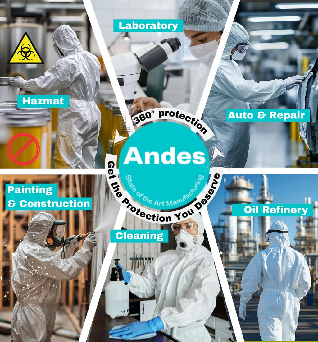 Andes Hazmat Suits, Protective Coveralls with Attached Boots, Heavy Duty Full Body Disposable Painters Suits, Lab Coveralls (25, Large)