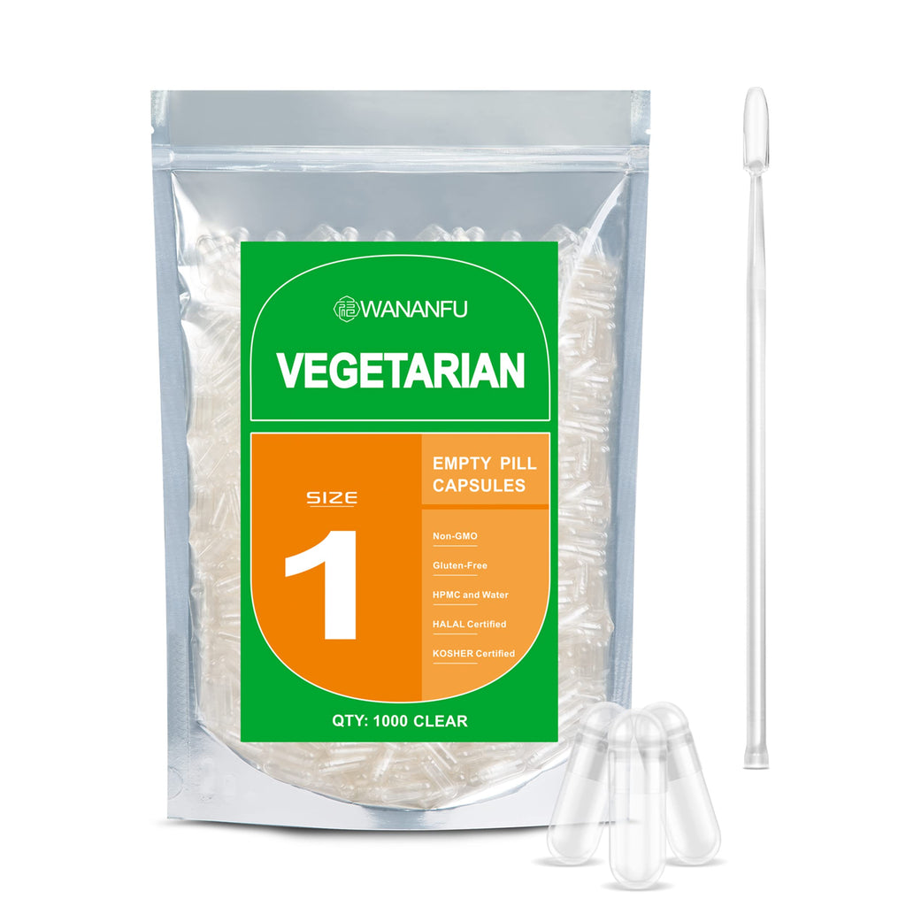 wananfu Size 1 Empty Capsules Vegetarian (1000 Count) Bundle with Micro Lab Spoon, Clear Fillable Veggie Pill Capsules Size 1 for Making Your Own Supplements