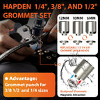 HAPDEN Heavy-Duty Grommet Kit (3/8“, 1/4”, and 1/2") Includes a Bag, 200 6 mm Grommets, 200 10 mm Grommets, and 200 12 mm Grommets. Eyelet and Grommet Tool kit for Tarps, Fabric, Leather, Banners