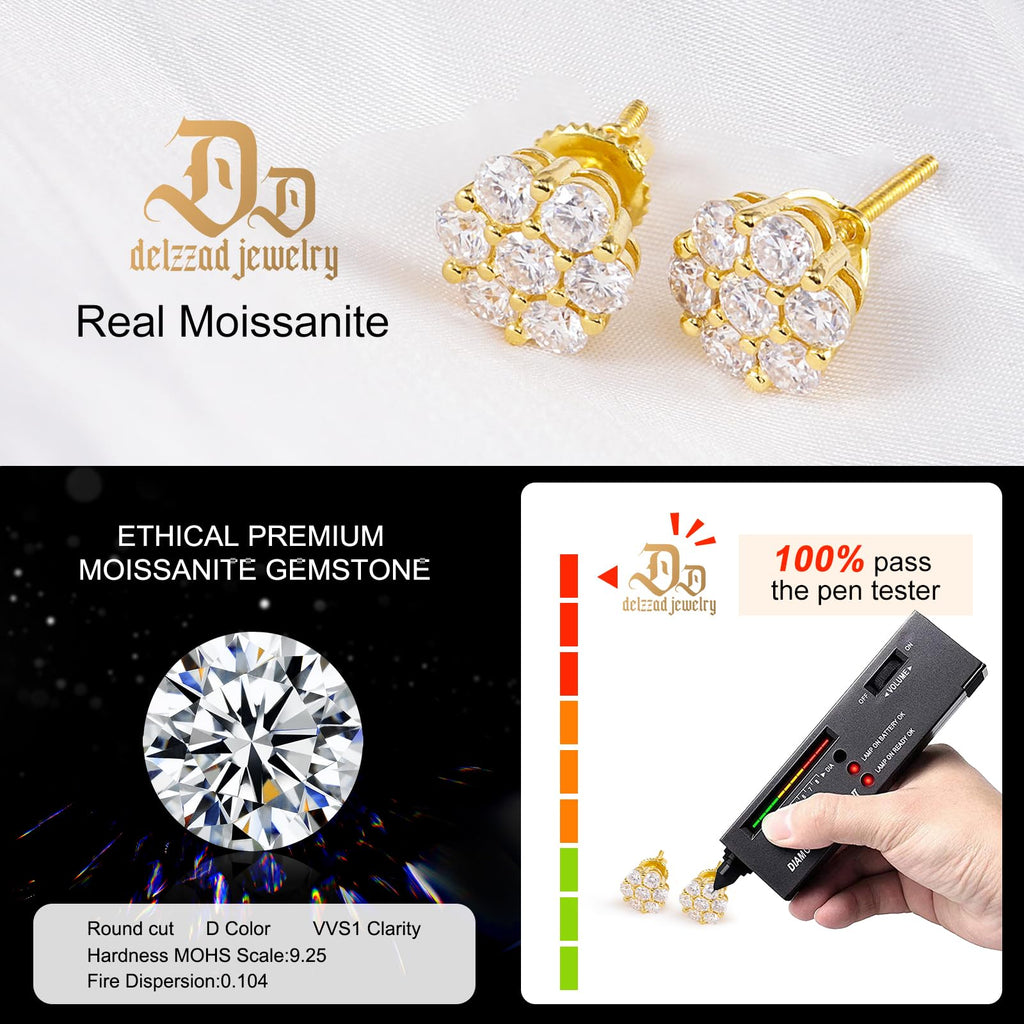 Delzzad Flower Stud Earrings, 925 Sterling Silver Moissanite Jewelry