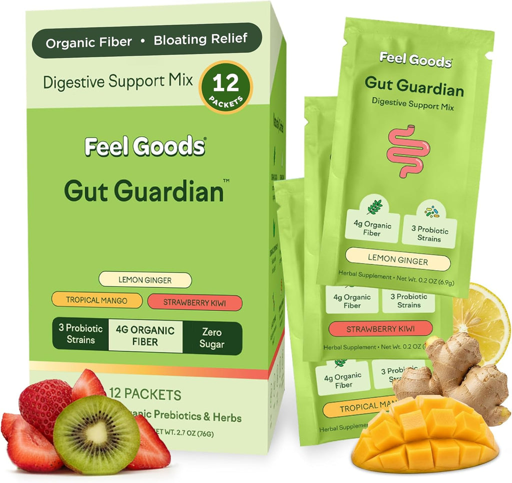 Feel Goods Gut Guardian, Digestive Health Powder Packets - Probiotic Fiber Powder with Prebiotics & L Glutamine for Gut Health, Bloating Relief & Digestion Support - Zero Sugar & Organic Flavor