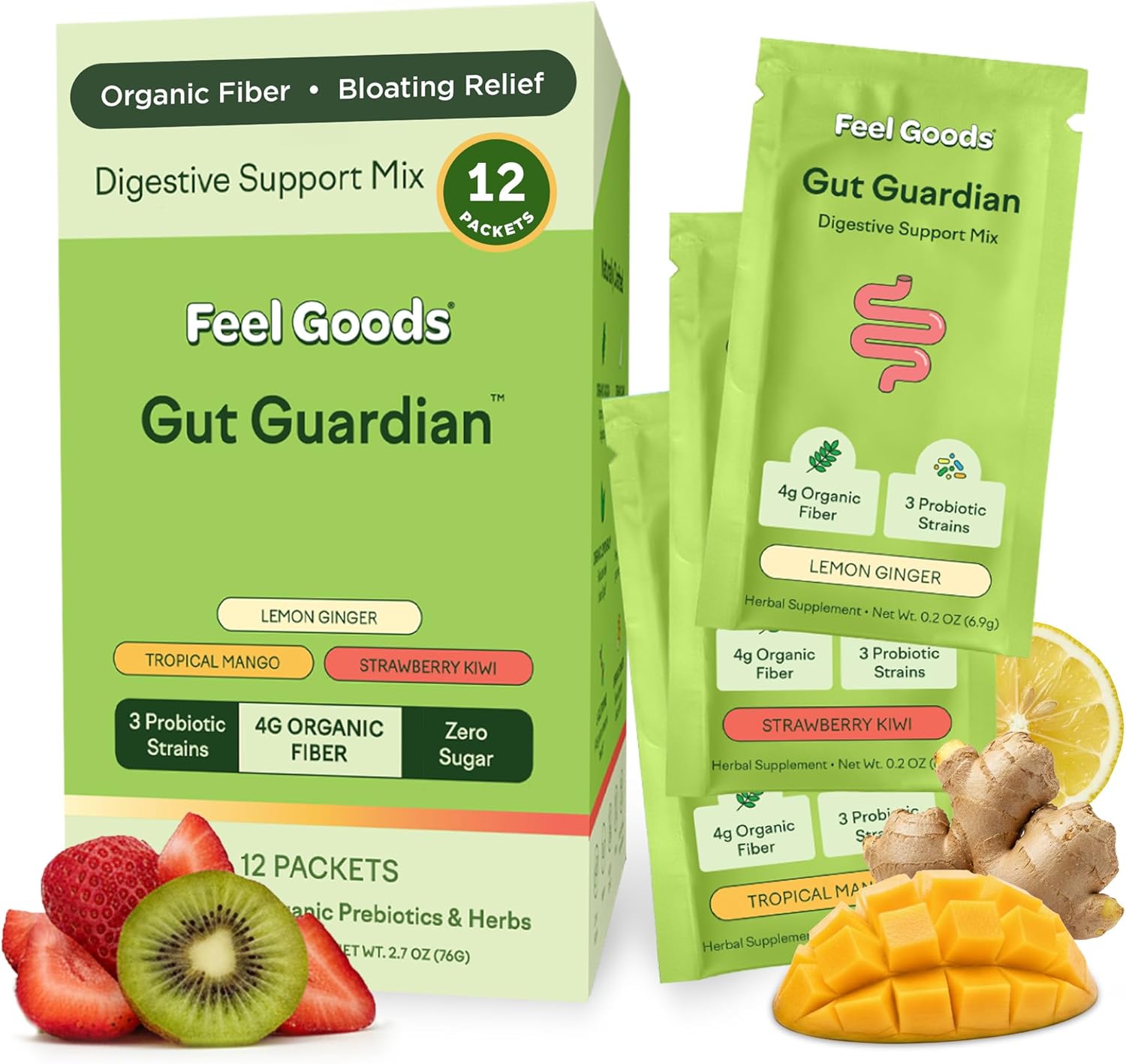 Feel Goods Gut Guardian, Digestive Health Powder Packets - Probiotic Fiber Powder with Prebiotics & L Glutamine for Gut Health, Bloating Relief & Digestion Support - Zero Sugar & Organic Flavor