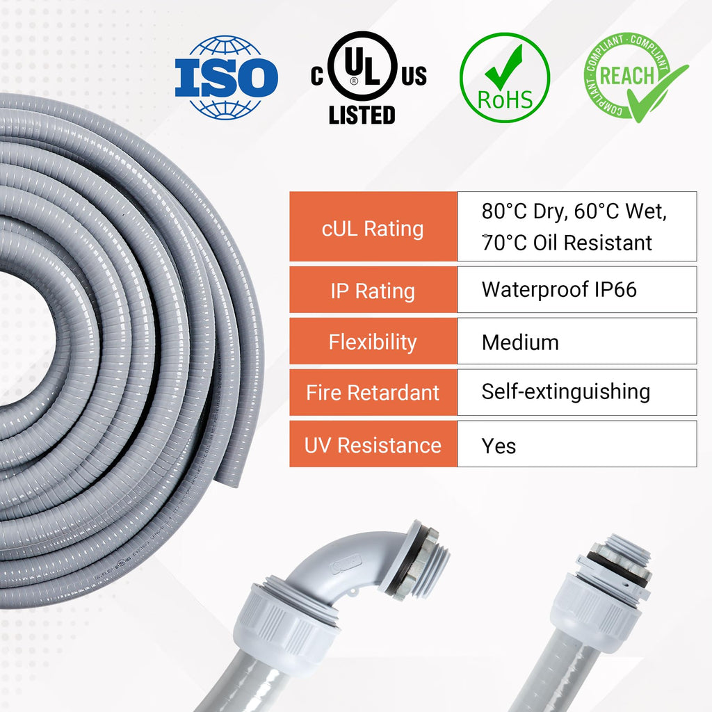Neorexon Liquid-Tight Conduit 50 ft and 10 Pieces of Connector Kit, Electrical Conduit 1/2 50ft w/UL Certification, Flexible Conduit with 5 Straight and 5 90-Degree Conduit Connector Fittings