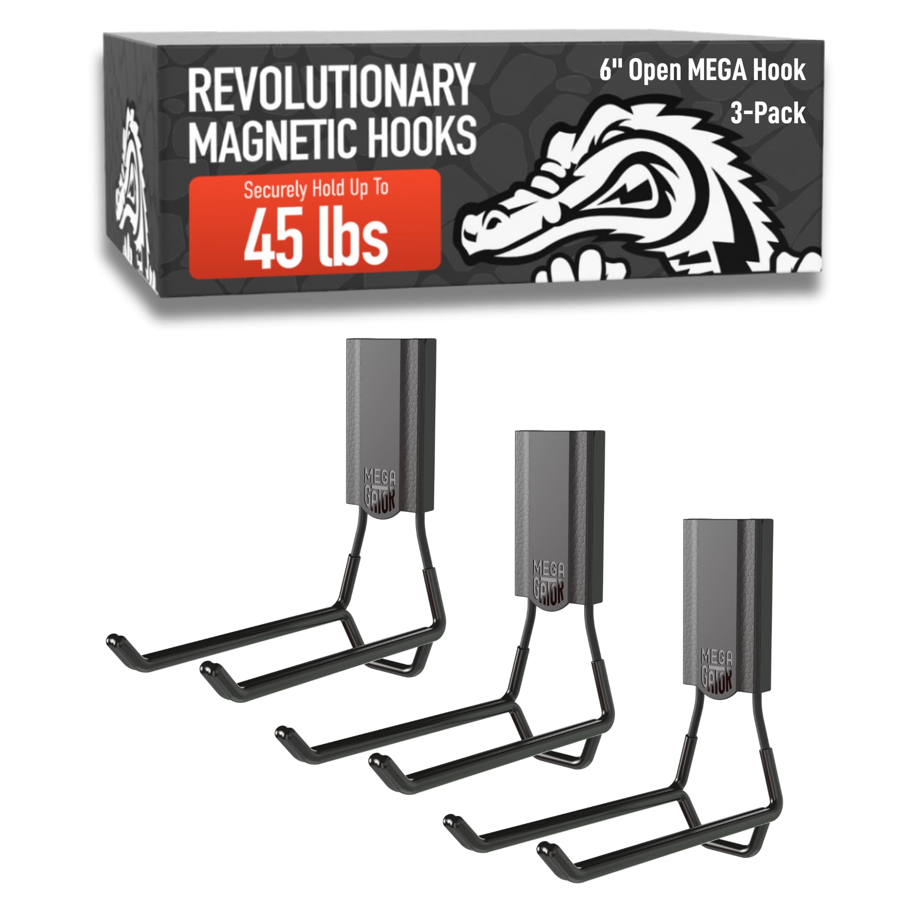 GATOR MAGNETICS MEGA 6 in Open Hooks, 45 lb Heavy Duty Magnetic Hooks for Steel Surfaces, Patented Easy-Release, Non-Slip Grip – Storage & Organization, Garage, Home Tools & Gear Storage – 3 Pack