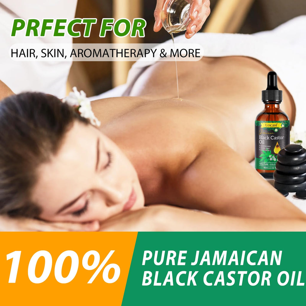 Uocasi Jamaican Black Castor Oil - 2Pack, 100% Pure and Organic, Cold Pressed in Glass Bottles for Hair Growth, Eyebrow Nourishment, and Skin Hydration, 4.04 Oz