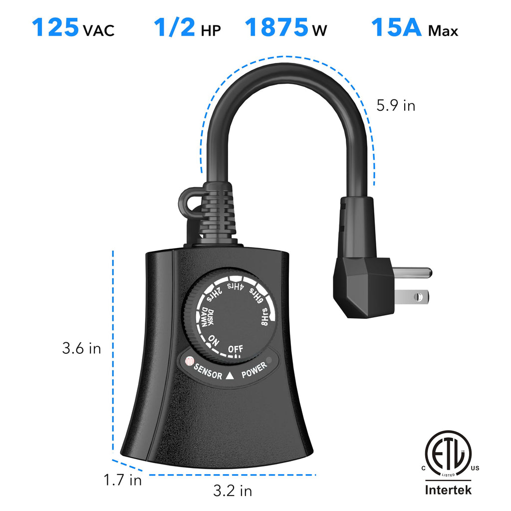 HBN Outdoor Light Timer Waterproof, Weatherproof Photocell Dusk to Dawn Light Sensor, 2/4/6/8 Countdown Timer, 2 Grounded Outlet for Christmas Lights，Hallowen Deceration，1875W 15A 1/2HP