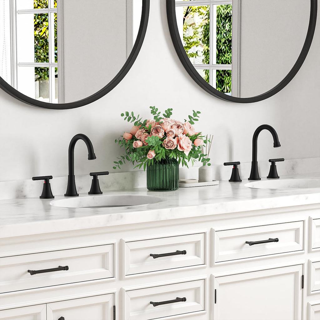 Bathroom Faucets for Sink 3 Hole, Hurran Matte Black Bathroom Sink Faucet with Pop-up Drain and Supply Lines, Stainless Steel Lead-Free Widespread Faucet for Vanity RV Farmhouse, 2 Pack