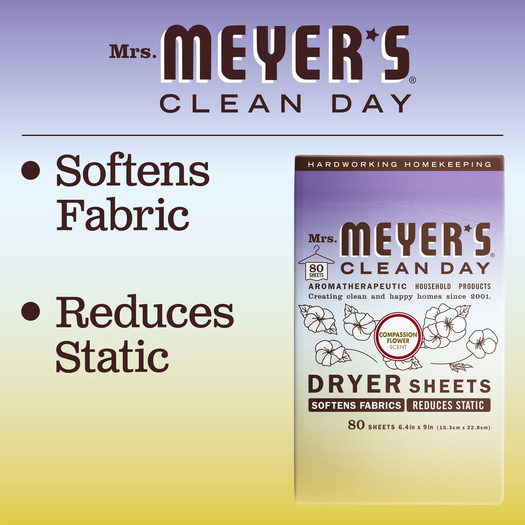 MRS. MEYER'S CLEAN DAY Dryer Sheets, Fabric Softener, Reduces Static, Infused with Essential Oils, Compassion Flower, 80 Count (Pack of 3)