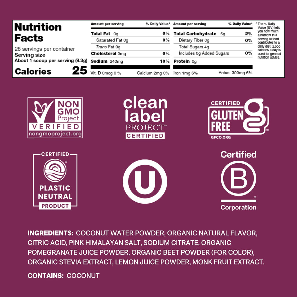 Cure Hydration | Plant-Based Electrolyte Drink Mix | No Added Sugar | FSA-HSA | Dehydration Relief Powder Made with Coconut Water | Non-GMO | Vegan | 28 Servings Jar - Berry Pomegranate