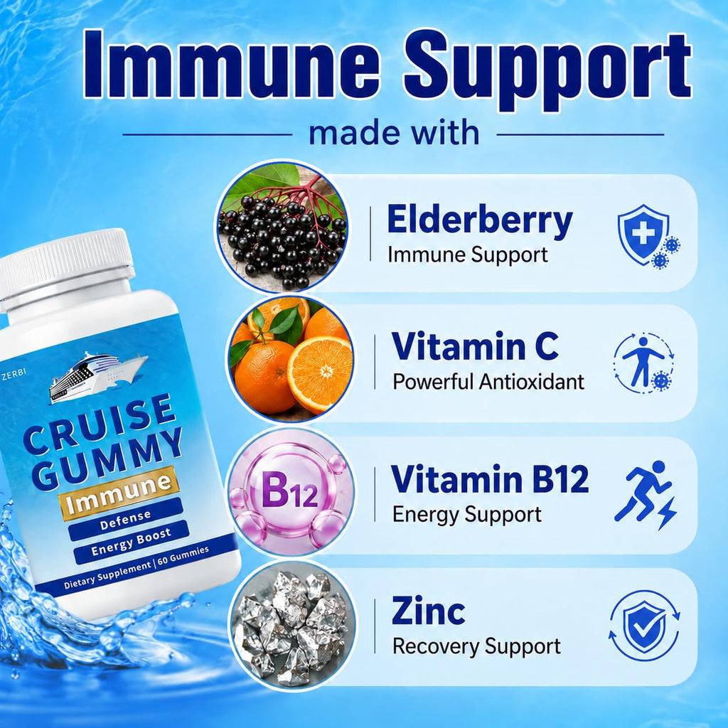 ZERBI Cruise Gummies, Immune Support, Travel Immunity Defense & Energy, with Vitamin C, Zinc, Elderberry, 60 Chewable Gummies
