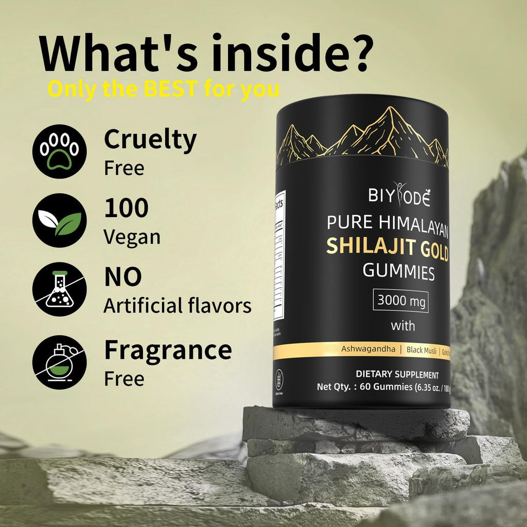 BIYODE Shilajit Gummies: Pure Shilajit Himalayan Rich in Ashwagandha Gaulshura Fulvic Acid 85 Micronutrients Suitable for Men and Women No Added Sugar