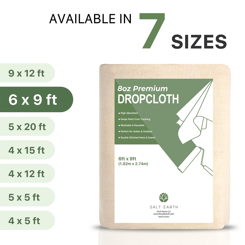 Salt Earth Canvas Drop Cloth 1Pc, Reusable Paint Drop Cloth, 100% Recycled Cotton Canvas Tarp Cover for Painter, Furniture, Floor Protection, All Purpose Painters Dropcloth for Christmas DIY (6x9 FT)