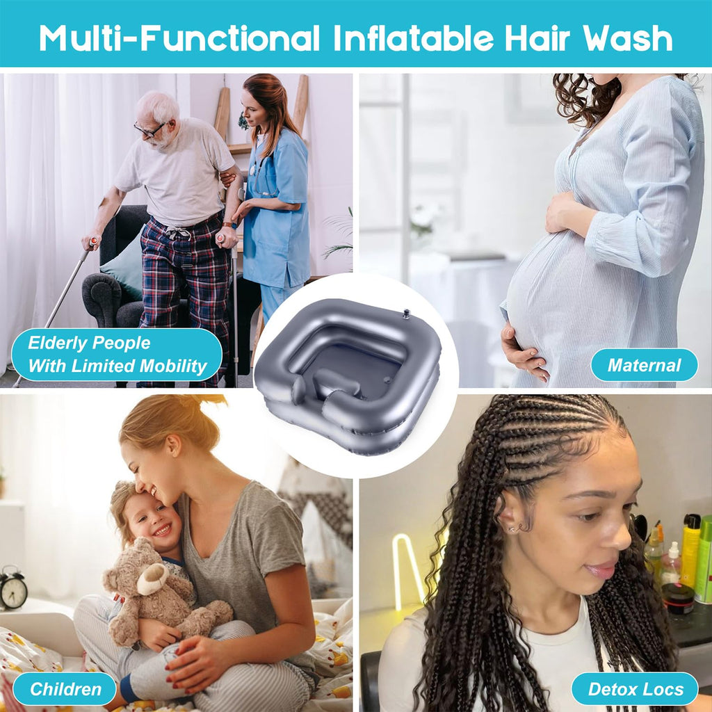 Inflatable Shampoo Basin, Loc Detox Tub for Dreads, Shampoo Buddy Bowl for Bedridden, Disabled,Injured with 2.5 GL Portable Water Shower Bag（Silvery）