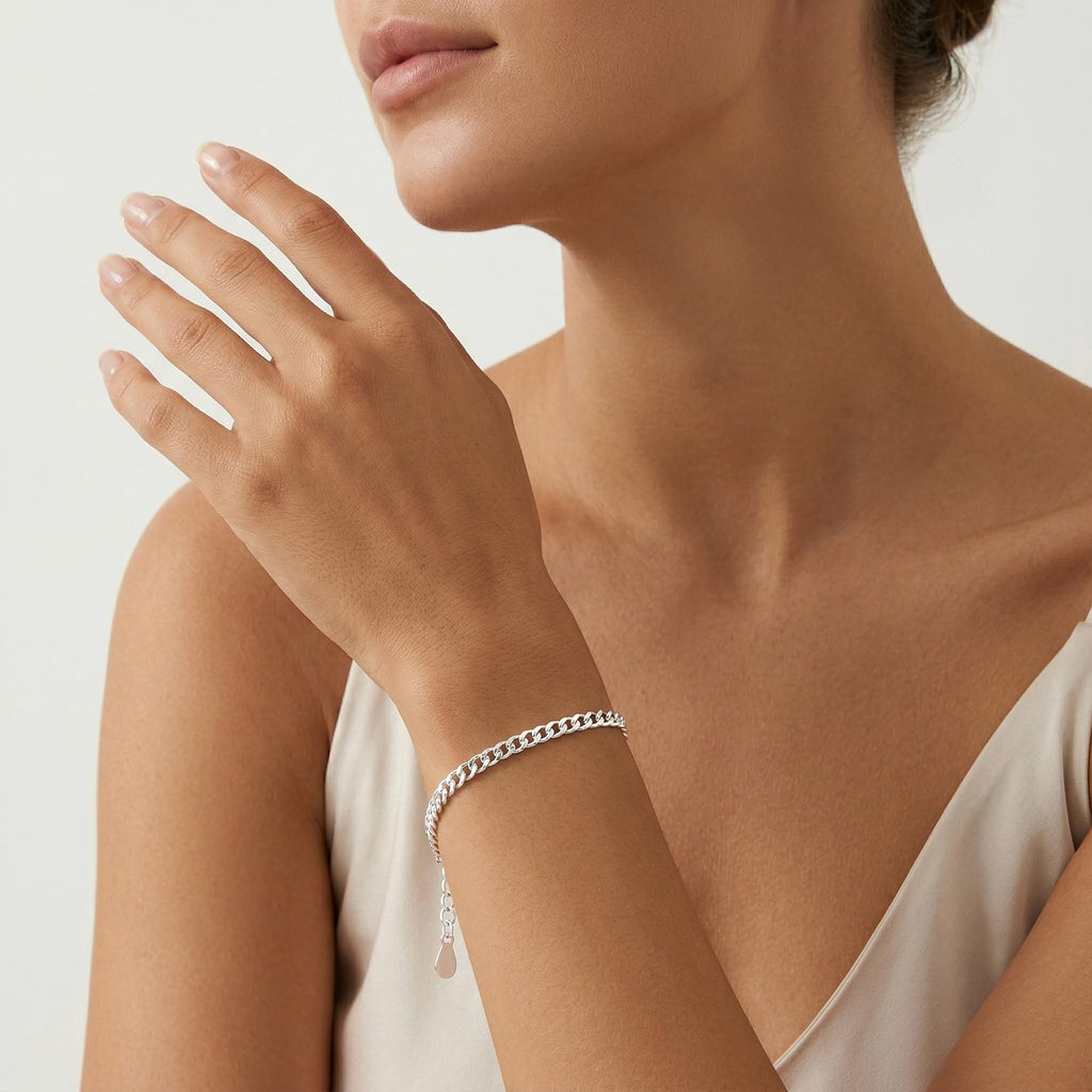 TOPCRED 925 Sterling Silver Chain Bracelet for Women - Diamond-Cut Cuban Link Chain 7 Inches