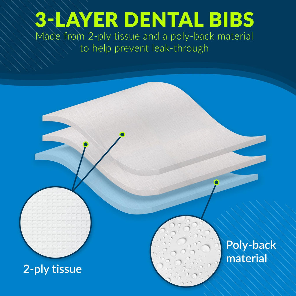 TIDI 1051 Avalon Dental Bib, White, 3 Layers, 13” W x 18” L (Pack of 500) ― Disposable Dental Bibs ― Embossed ― 2-Ply Tissue ― Poly Back to Help Prevent Leak-Through ― Nail Towels ― Tattoo Bibs